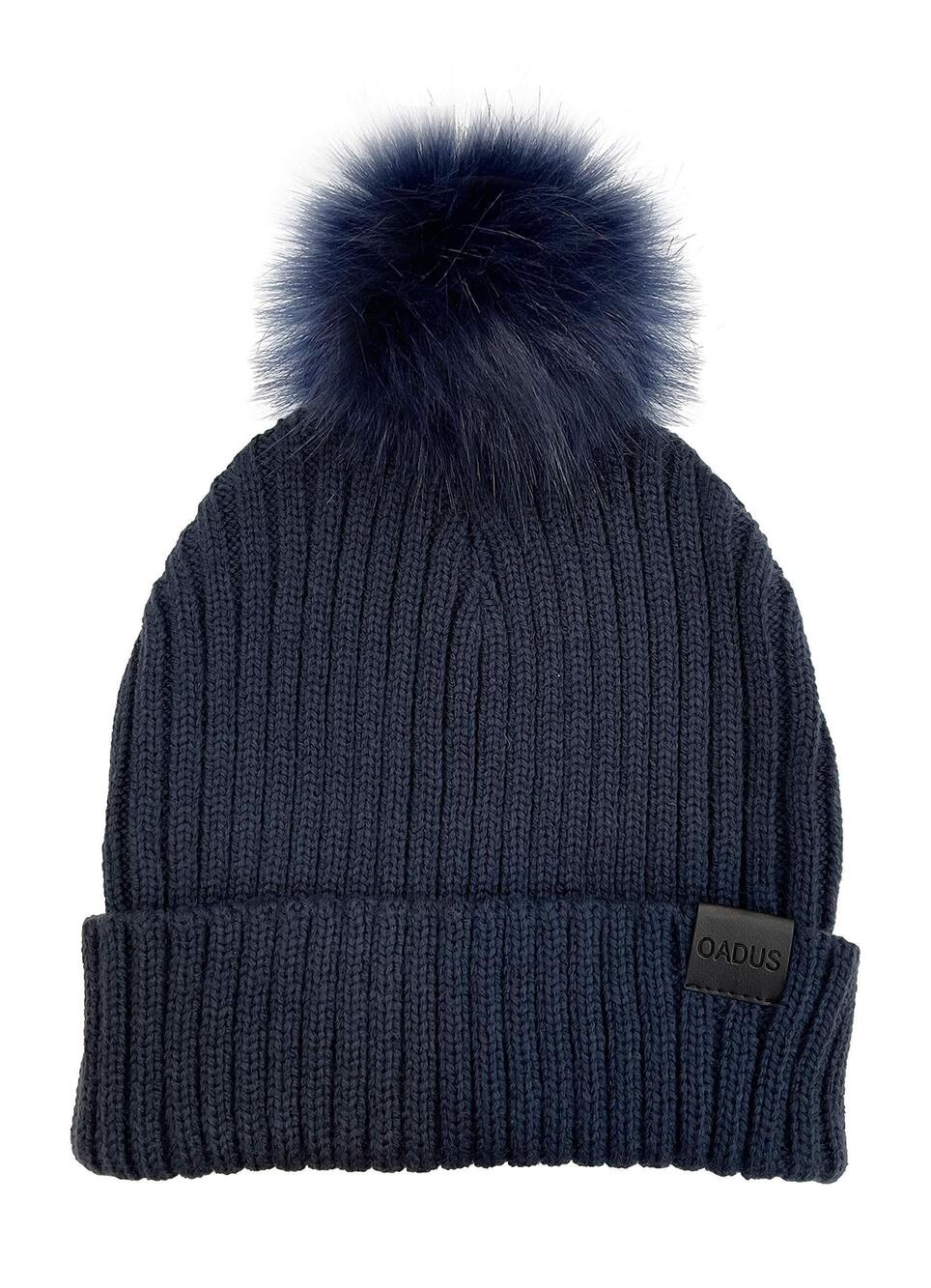 5598 Slouchy Winter Beanie Hat with Removable Faux Fur Pom, Navy/Navy Pom